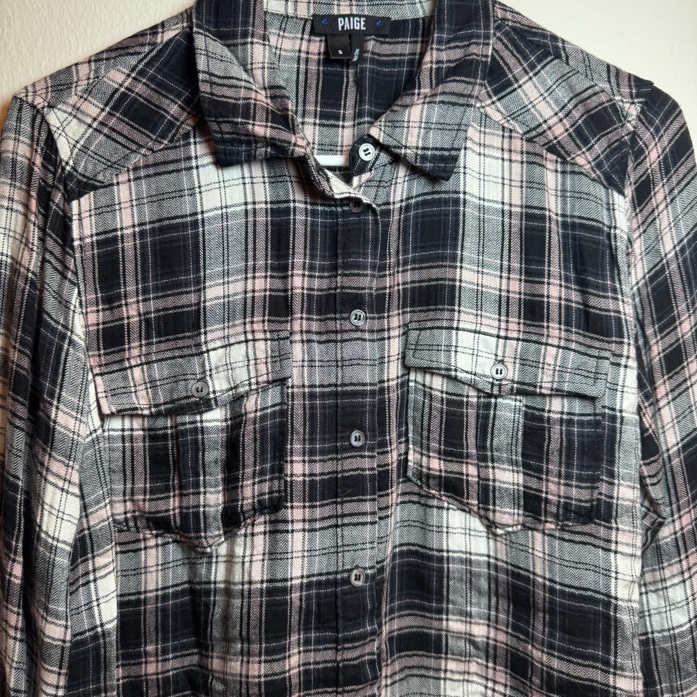 Paige Huntley Plaid Shirt‎ Women's Small Black Adobe Rose Grey Long Sleeve Top - Picture 3 of 8